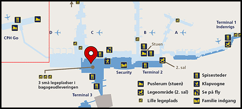 København Flyplass Kastrup--Ligger ved siden av ankomsthallen i Terminal 3. Se kart